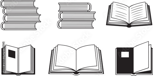 Minimalist black book icon set – hand-drawn silhouettes of stacked and open books with labels for education design, literature visuals, and reading-themed graphics.