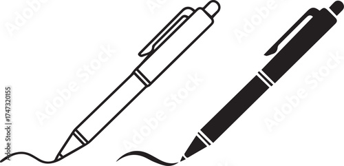 Minimalist black ballpoint pen icon set – hand-drawn silhouette and outline of retractable pens with wavy ink trails for writing design, stationery visuals, and educational graphics.
