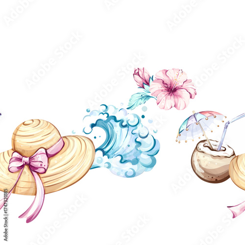 Colorful seamless pattern of summer hats, tropical flowers, waves, and refreshing drinks for a beach themed background, perfect for vacation vibes, seasonal celebrations, and festive occasions
