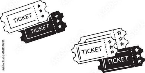 Minimalist black ticket icon set – hand-drawn silhouettes of event stubs with stars and perforated edges for entertainment design, access visuals, and promotional graphics.