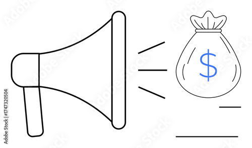 Megaphone emitting sound waves toward a money bag with a dollar sign. Ideal for marketing, advertising, financial success, business growth, revenue, communication, simple flat metaphor