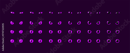 Set of purple glowing eyes dark background fantasy magic cartoon animal reptile feline mammal monster demon dragon shiny pupil vector illustration