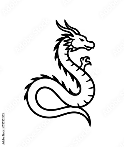 Linear Illustration of a Mythical Chinese Dragon Creature in Silhouette Style