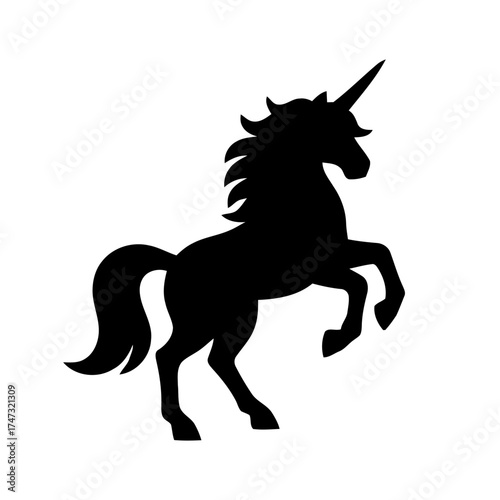 Silhouette of a rearing unicorn with a horn on a plain background