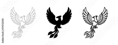 Three Phoenix Birds in Varying Graphic Styles Against a White Background