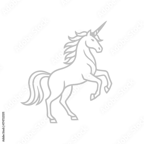 Majestic unicorn rearing up with flowing mane, illustrated in minimalist line art