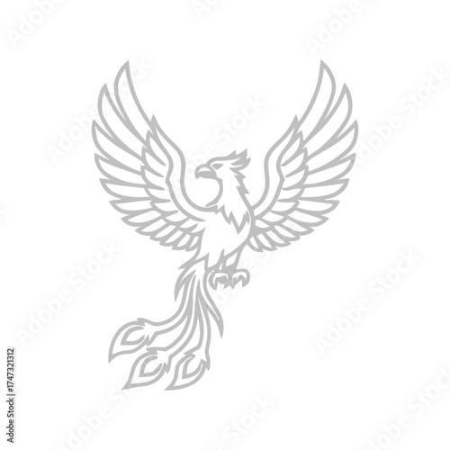 Phoenix with open wings in flight with feather details on a light background