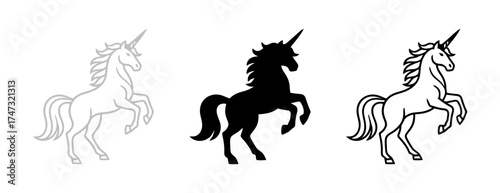 Stylized Unicorns in Outlined Silhouette and Solid Black Standing on Hind Legs