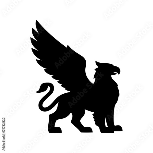 Majestic Griffin Silhouette Standing with Spread Wing on Isolated White Background