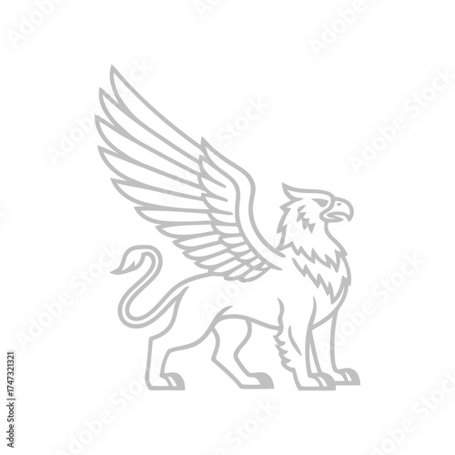Stylized griffin illustration standing with feathered wings out on plain white background