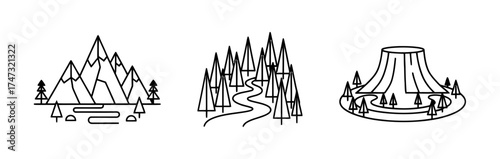 Mountain Forest and Rock Formation Black Line Icons for Outdoor Adventure