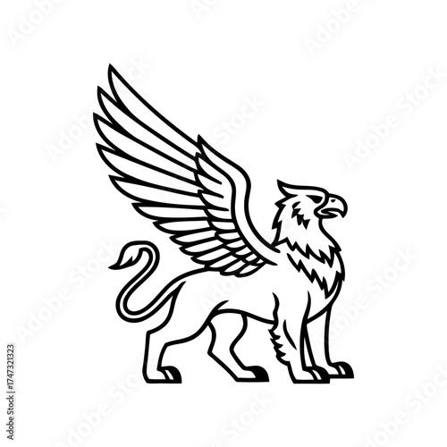 Heraldic Gryphon Figure with Eagle Head and Lion Body in Black Outline