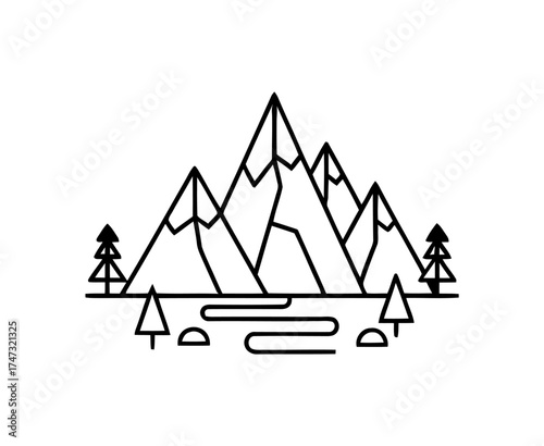 Linear mountains with evergreen trees and water stream in a landscape sketch