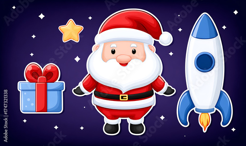 Festive santa claus with rocket and gift box elements for holiday season