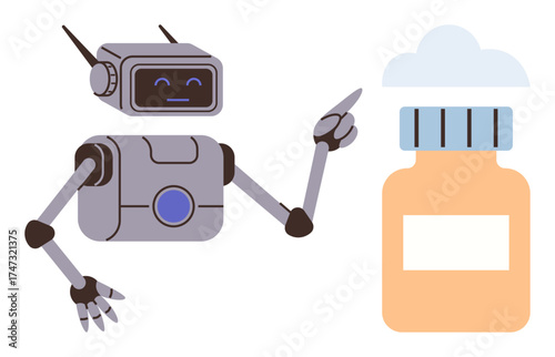 Robot gesturing toward a pill bottle with a cloud top. Ideal for healthcare technology, AI in medicine, innovation in pharma, futuristic healthcare, drug development, robotics, simple flat metaphor