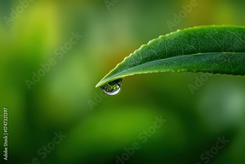 A single tea leaf with a water drop close up