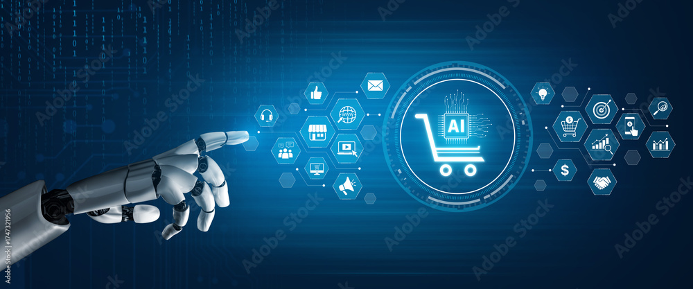 Naklejka premium AI transforms ecommerce with smart recommendations, automated purchasing, and real-time analytics to enhance customer experience and optimize online retail success. Artificial intelligence spline