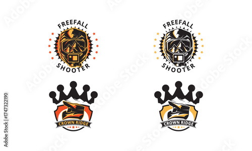 Extreme Sports Logos Featuring Helmets and Crowns