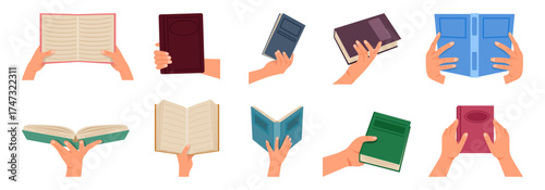 Set of Hands Holding Various Books Open And Closed