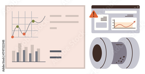 Graph and chart display, online dashboard with warning icon, system monitoring reel. Ideal for data analysis, performance tracking, IT systems, operational insights, business forecasting, risk