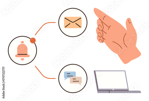 Hand pointing toward notification bell, envelope, and speech bubbles linked to a laptop. Ideal for communication, alerts, productivity, teamwork, reminders email multitasking. Simple flat metaphor
