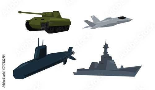 Vector set of military vehicle. Tank, jet, submarine, and warship. Flat geometric illustration.
