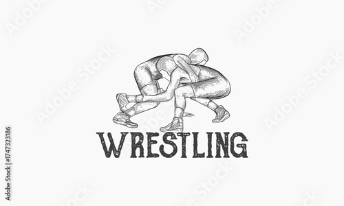 Two wrestlers grapple in intense athletic competition