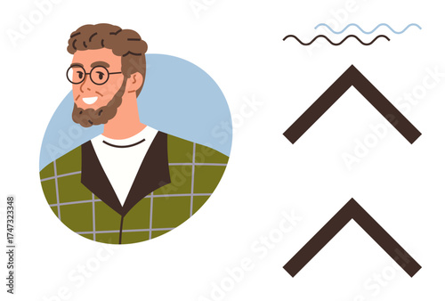 Portrait of a smiling man in glasses and plaid jacket against a blue circle. Wavy and angular design accents beside portrait. Ideal for creativity, fashion, modernity, trends, individuality, abstract