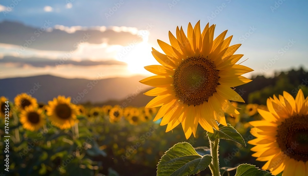 Fototapeta premium Vibrant sunflowers at sunset