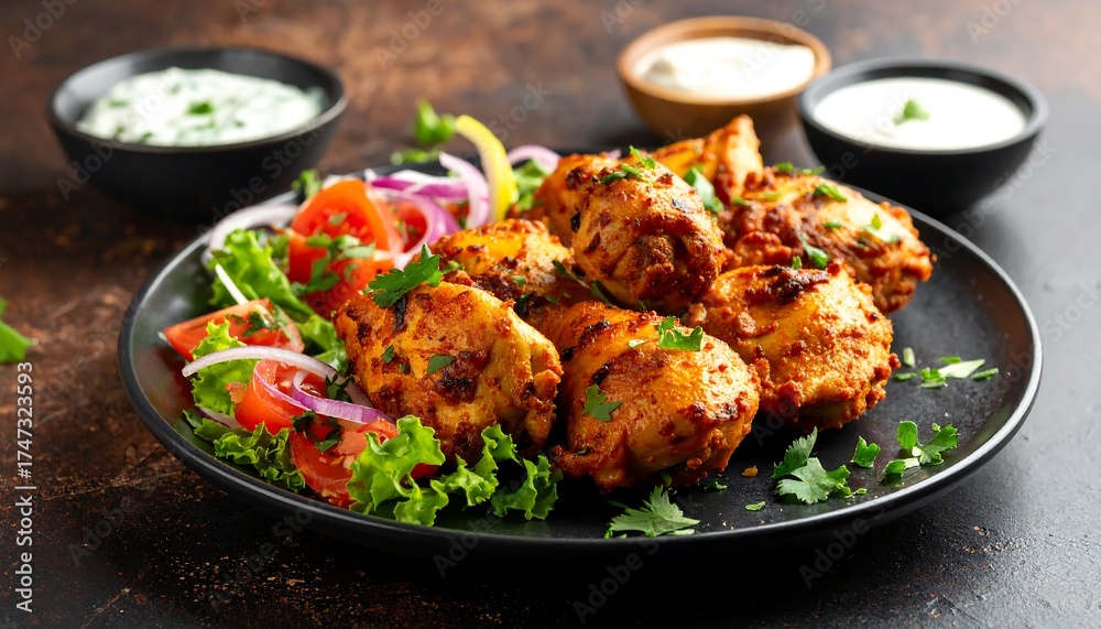 Fototapeta premium Spicy grilled chicken with salad and yogurt sauce