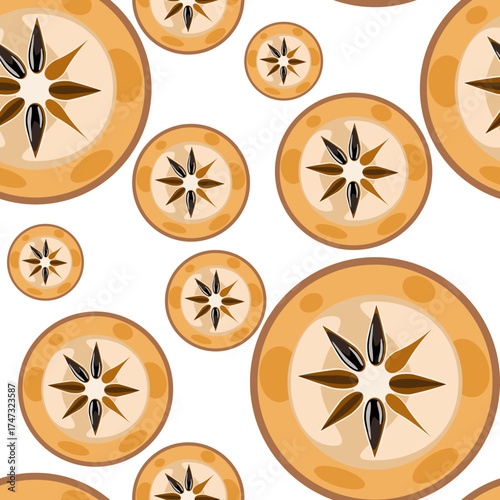 Naseberry sapodilla slices fruits seamless botanical pattern vector illustration	