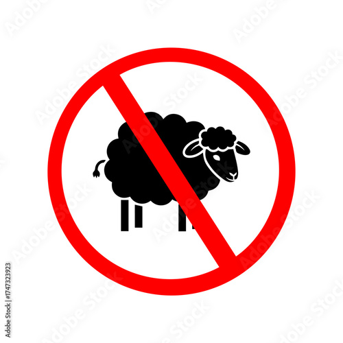 Prohibited pictogram of do not eat animal meat, vegan sign, vegetarian symbol, with silhouette of sheep.
