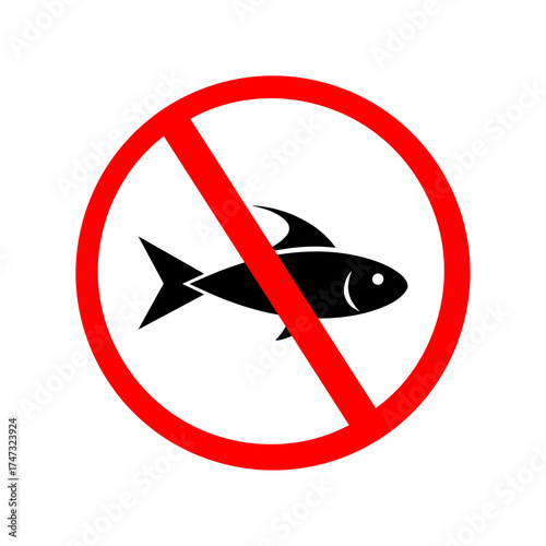 Prohibited pictogram of do not eat animal meat, vegan sign, vegetarian symbol, with silhouette of fish.
