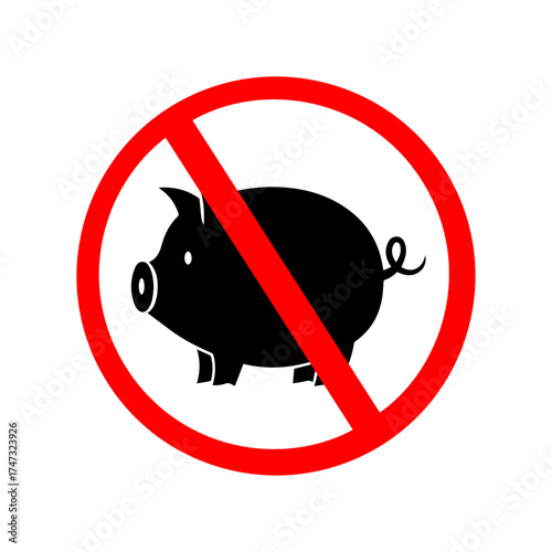 Prohibited pictogram of do not eat animal meat, vegan sign, vegetarian symbol, with silhouette of pig.
