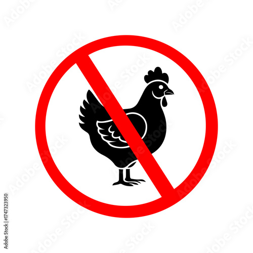 Prohibited pictogram of do not eat animal meat, vegan sign, vegetarian symbol, with silhouette of chicken.

