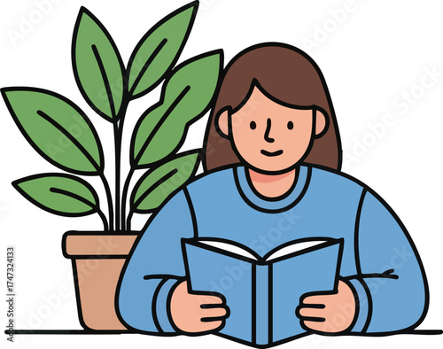 Woman engrossed in reading a book with a potted plant nearby.