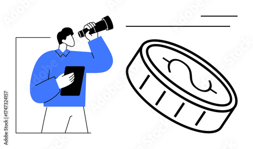 Man with tablet uses telescope seeking financial opportunities near large coin. Ideal for finance, investment, wealth creation, business strategy, savings, opportunities, economic growth. Simple flat