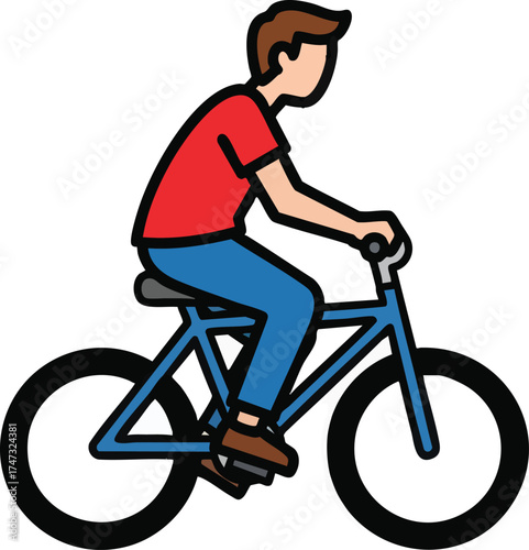 Simple cartoon illustration of a person riding a blue bicycle.
