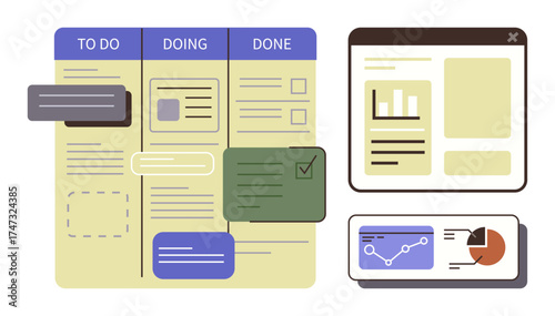 Task board with To Do, Doing, and Done columns, progress cards, and analytical charts. Ideal for productivity, organization, teamwork, planning task management workflow simple flat metaphor