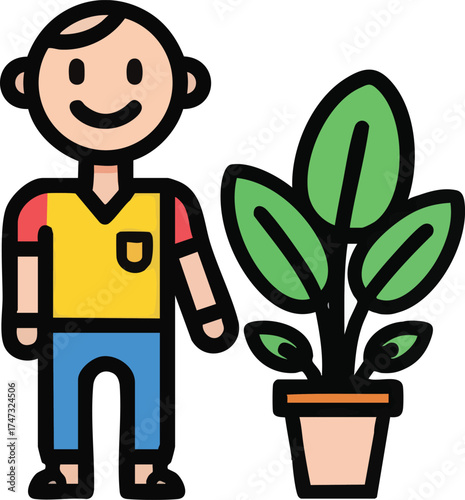 Cartoon Man Standing Next to a Potted Plant.