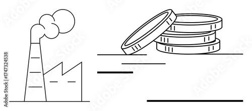 Factory emitting smoke with coins stacked nearby, representing industry, economy, and financial growth. Ideal for business, trade, development, industry sustainability economy investment. Simple
