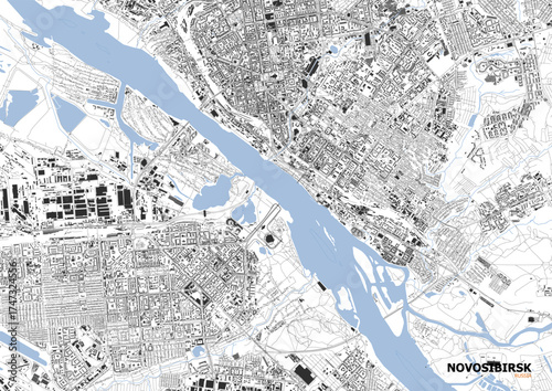 Monochrome map of Novosibirsk highlighting highways, waterways, and building footprints — ideal for urban planning, geographic design, or architectural visualization.