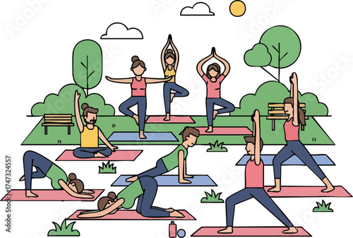 Group of people practicing yoga poses outdoors for health and wellness.