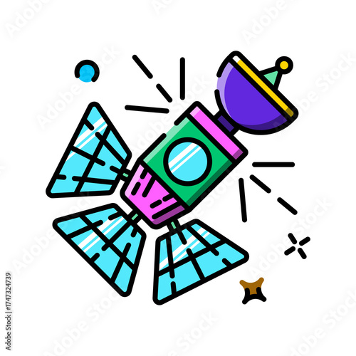 Modern Satellite Communication Device with Solar Panels and Antenna in Vibrant Colors Against a Transparent Background Symbolizing Space Exploration and Technology