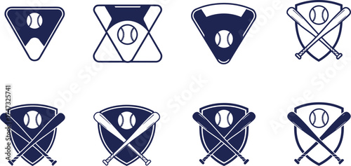 Baseball logo vector set, sports emblem design, crossed bats and ball icons, team badge illustration, athletic club symbol, vintage baseball art