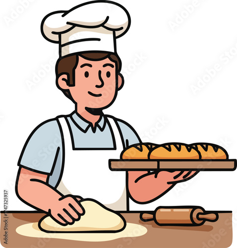 Cartoon Male Baker Kneading Dough and Holding Fresh Bread.