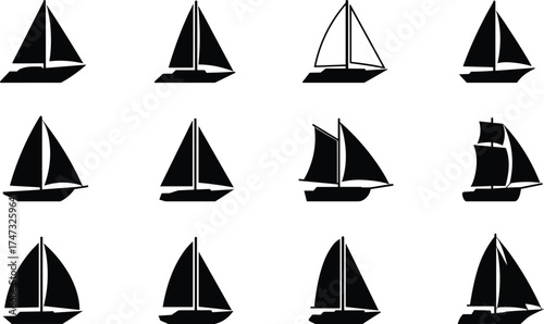 Black sailboat silhouette icons collection, sailing ship vector illustration set for marine design, travel, adventure, transportation, and nautical logo concepts