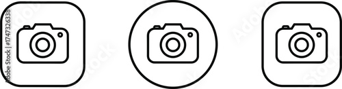 Camera icons set, photography symbol illustration, minimalist camera logo collection, line art camera interface design, digital camera outline vector icons