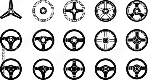  Car steering wheel and alloy rim vector icons set, automotive parts design, sport wheel silhouettes collection, mechanic, transportation, garage illustration