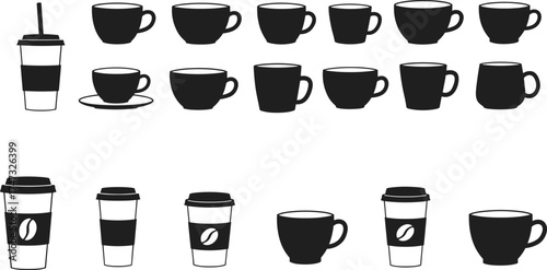 Coffee cup silhouette collection, cafe mug and takeaway cup icons, espresso and latte cup vector set, black and white minimalist design